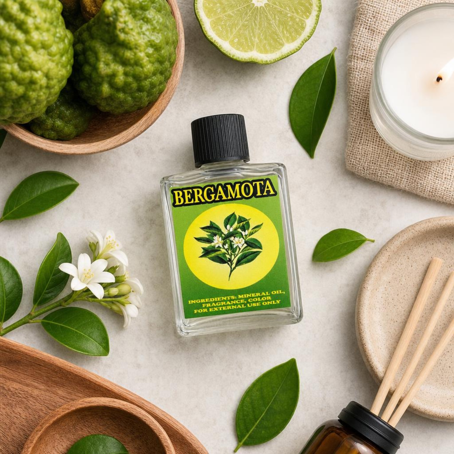 Aceite Espiritual Bergamota, botella artesanal con etiqueta verde