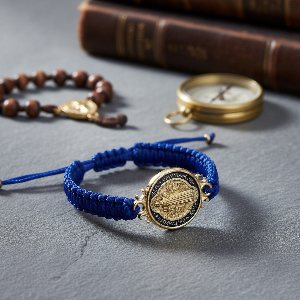 Pulsera de hilo azul tejido con medalla dorada de San Benito