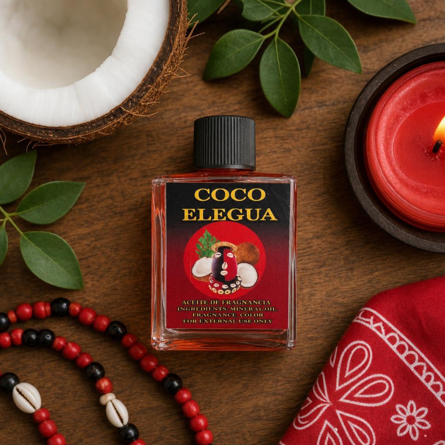 Aceite Espiritual Coco Eleguá, botella con etiqueta roja y negra