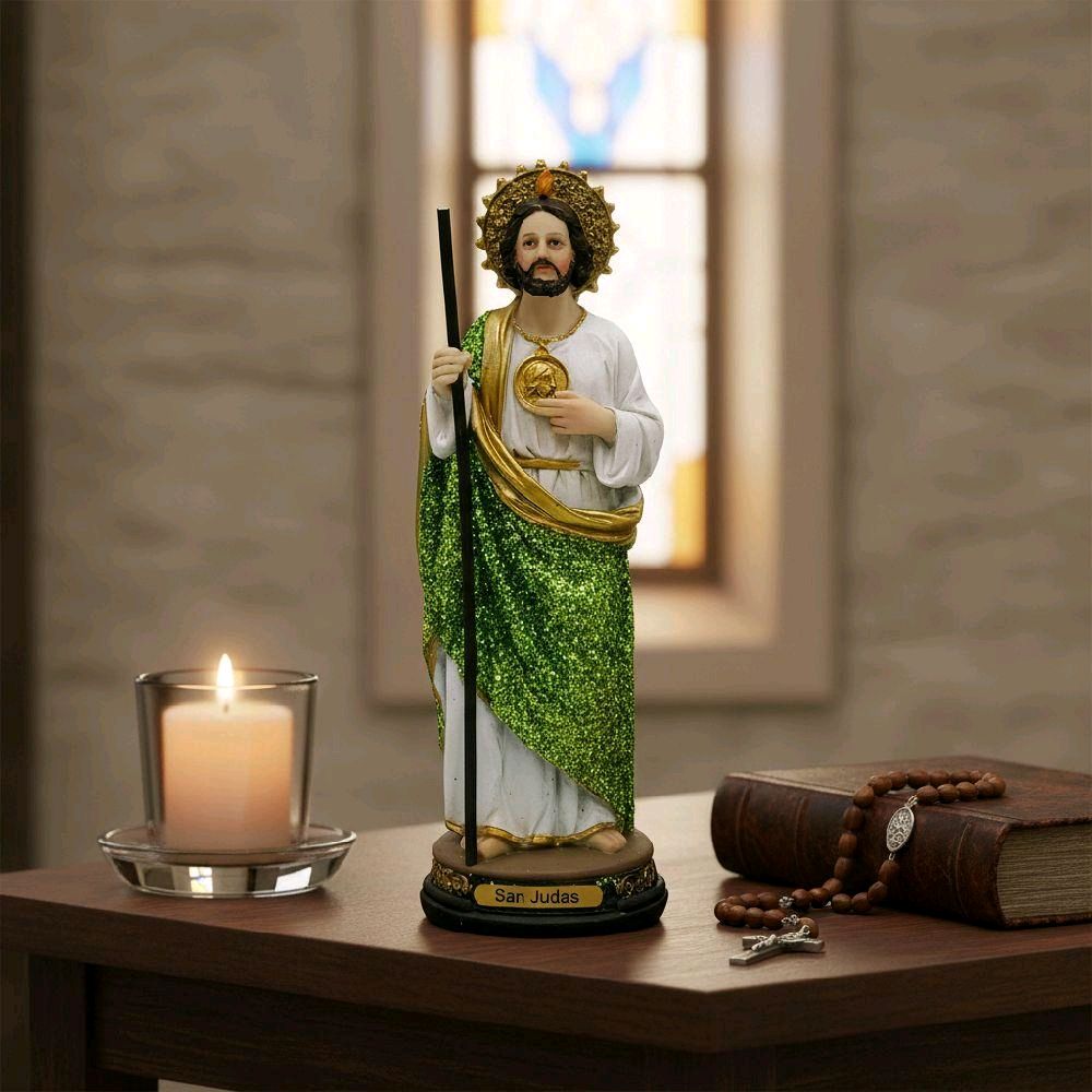 Estatua de San Judas Tadeo junto a una veladora y un rosario