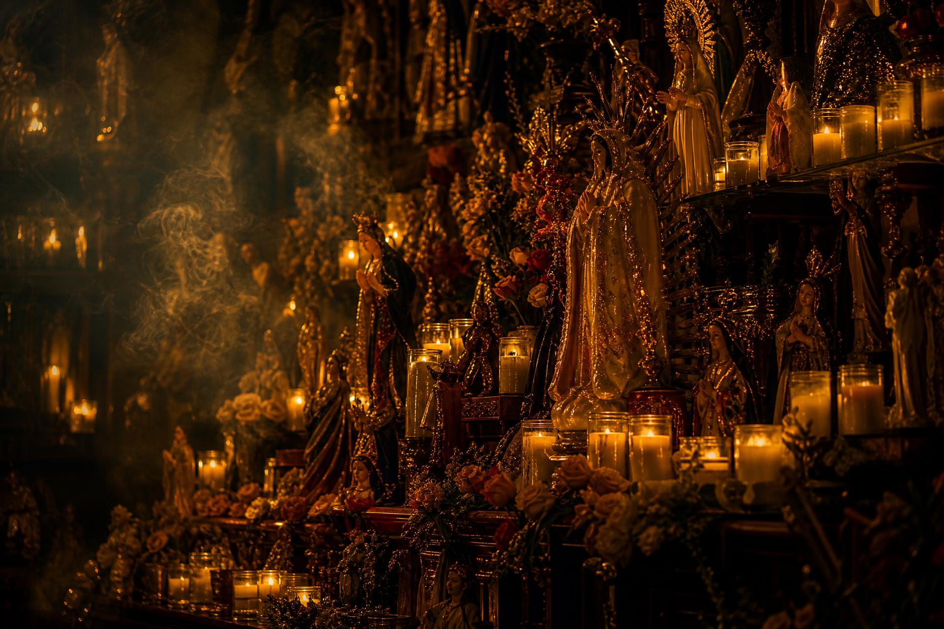 Altar de botánica con decenas de veladoras encendidas, estatuas de santos y aceites espirituales